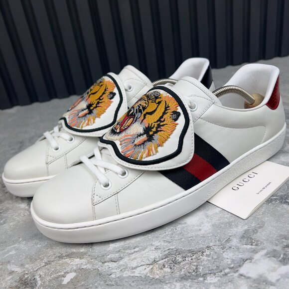 Gucci Ace Web Tiger Sneaker Patch White Leather Python 10 G or 10.5 US 44 EUR - Picture 1 of 14